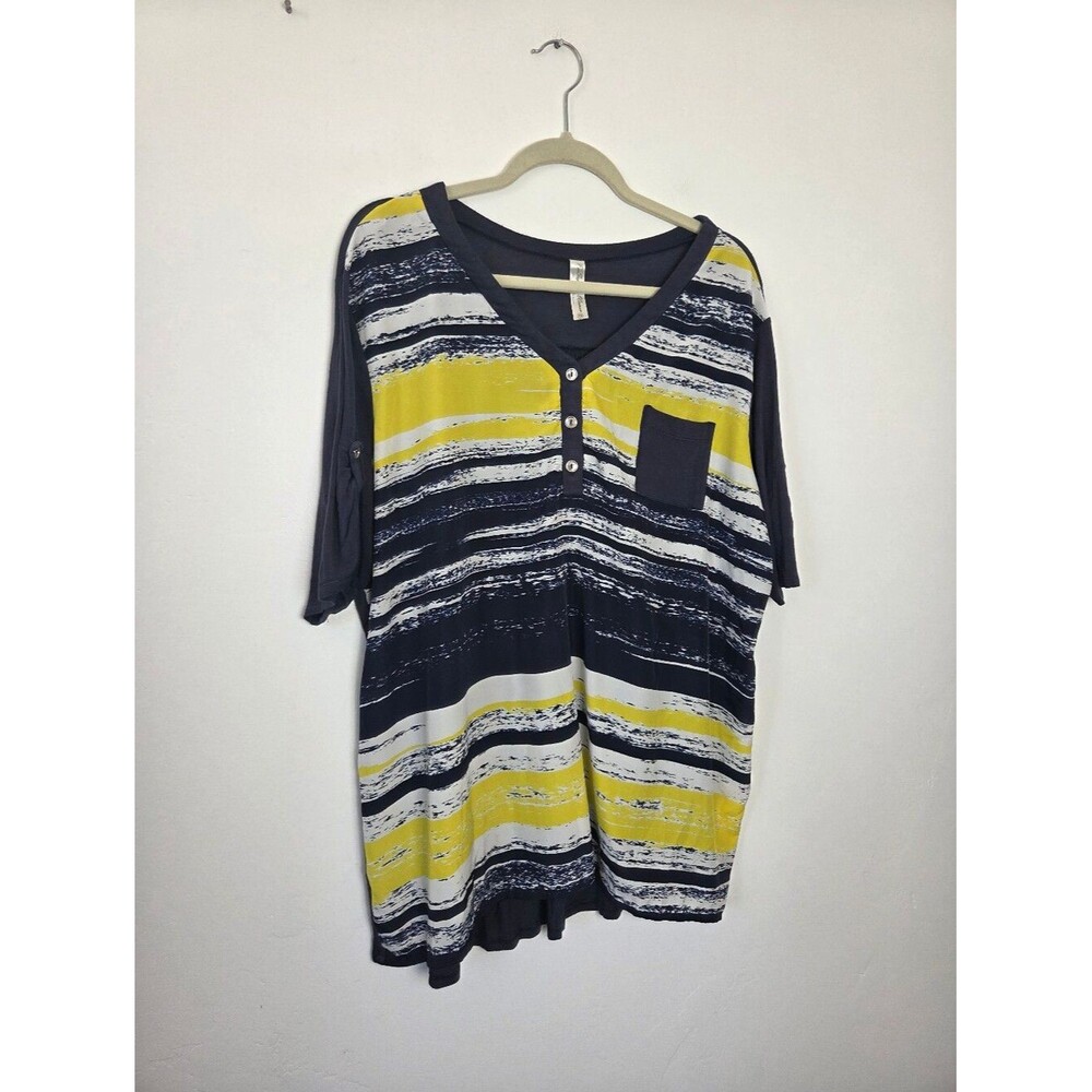 Perseption Plus Size Blouse Top 3X Navy Yellow Stripe Coastal Nautical Summer